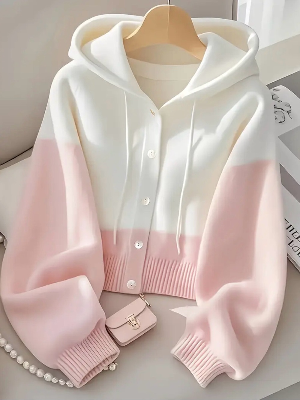 Women's Two-Tone Hooded Button Cardigan - White & Light Pink